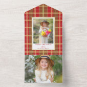 温かい農村風の赤と金のチェック柄の写真 オールインワン招待状 (内側)