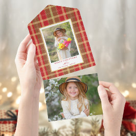 温かい農村風の赤と金のチェック柄の写真 オールインワン招待状