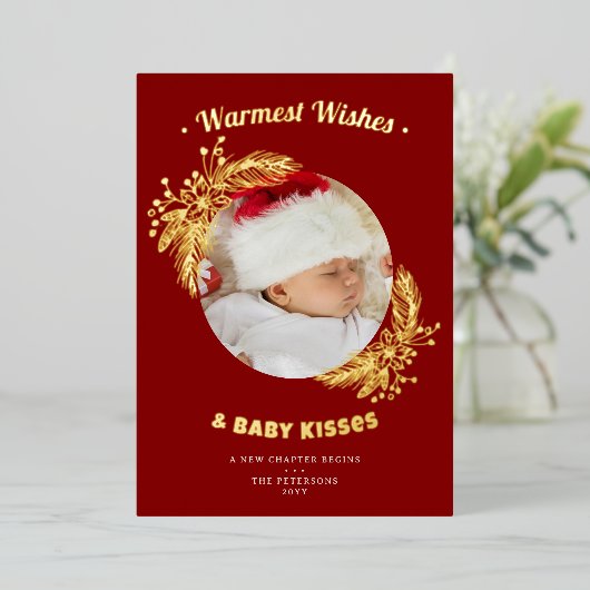 温かい願いと赤ちゃんのキス エレガントな2つのホリデー写真 箔シーズンカード (立ち正面)