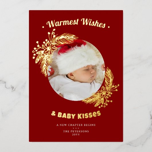 温かい願いと赤ちゃんのキス エレガントな2枚のホリデー写真 箔シーズンカード (正面)
