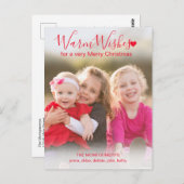 温かい願いの赤いモダン台本の写真のクリスマス ポストカード (正面/裏面)