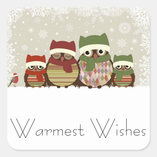 温かい願いフクロウファミリーステッカー スクエアシール (正面)
