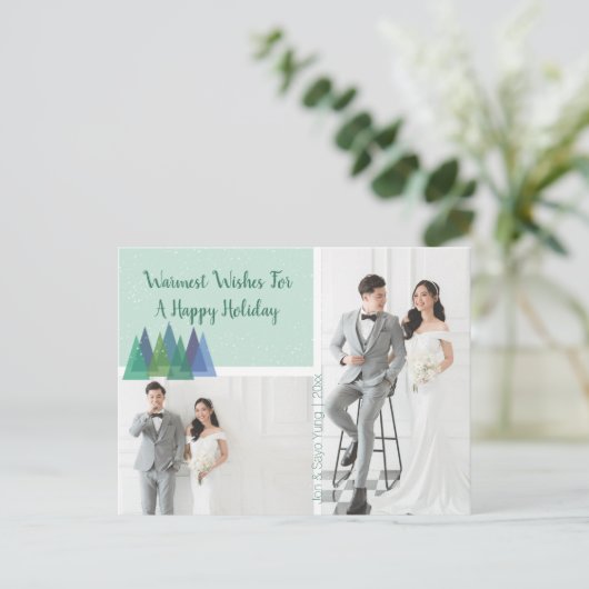 温かい願いモダンティール（緑がかった色） | 2フォトホリデー ポストカード (スタンド正面)