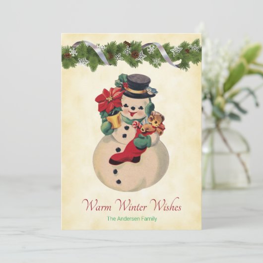 温かい願い - ヴィンテージ雪だるま フラットホリデーカード シーズンカード (スタンド正面)