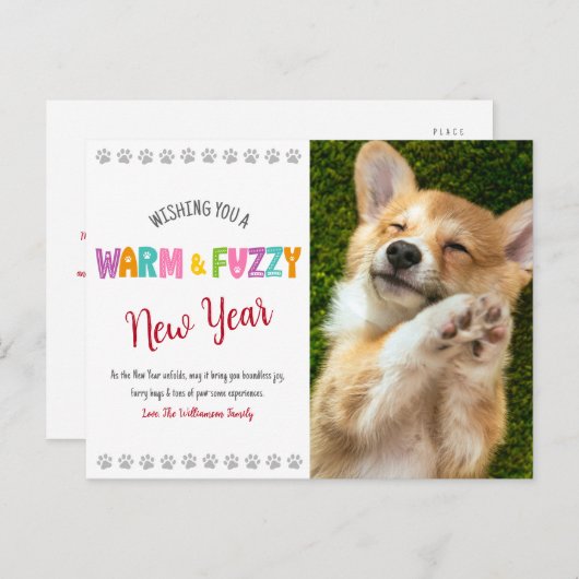温かくてファジーなペット新年の写真かわいいタイポグラフィ シーズンポストカード (正面/裏面)