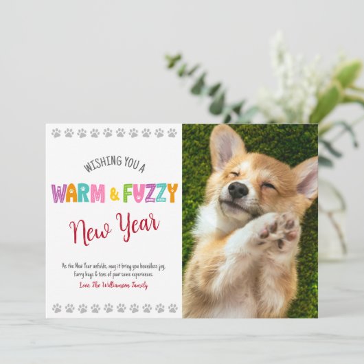 温かくてファジーなペット新年の写真タイポグラフィかわいい シーズンカード (スタンド正面)