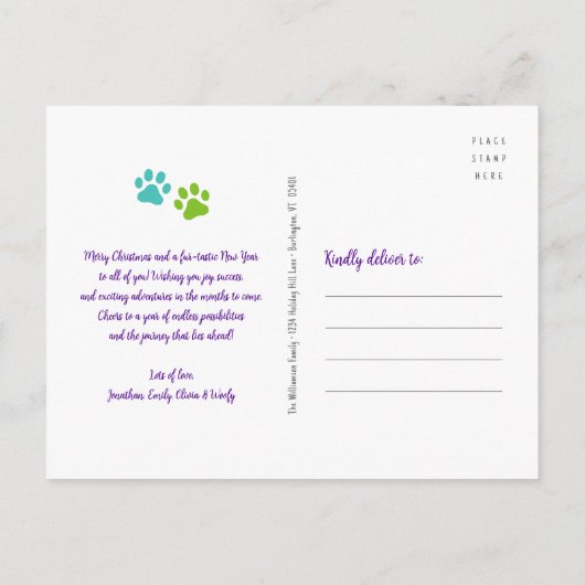 温かくてファジーな新年ペットの写真タイポグラフィかわいい シーズンポストカード (裏面)