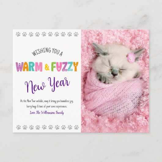 温かくてファジーな新年ペットの写真タイポグラフィかわいい シーズンポストカード (正面)