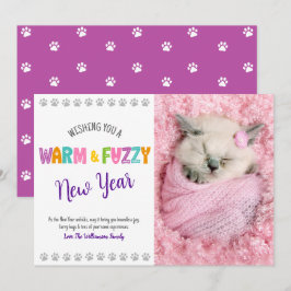 温かくてファジーな新年ペット写真かわいいタイポグラフィ シーズンカード