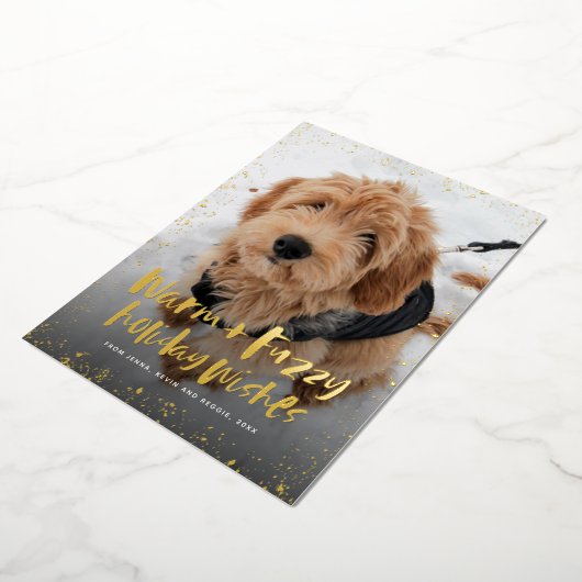 温かくてファジーな願いが可愛いペットのクリスマス 箔シーズンカード (回転した状態)