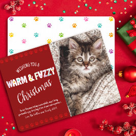温かくファジーなペットクリスマスフォトタイポグラフィレッド シーズンカード