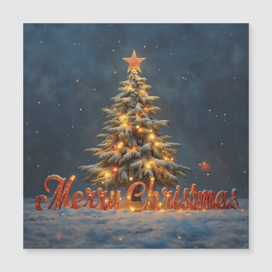 温かな光に包まれた雪のクリスマスツリー (正面)