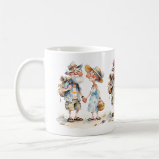 温かみのある水彩画のシニアカップルシーン コーヒーマグカップ