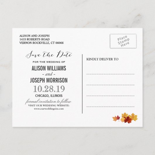 温もりのある秋の落ち葉のストリングライト 保存日 案内ポストカード (裏面)