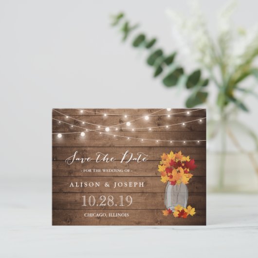 温もりのある秋の落ち葉のストリングライト　保存日 案内ポストカード (スタンド正面)