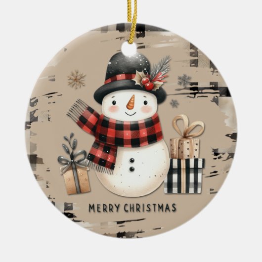 温クラシックかい格子状の雪だるまのクリスマスオーナメント セラミックオーナメント (正面)