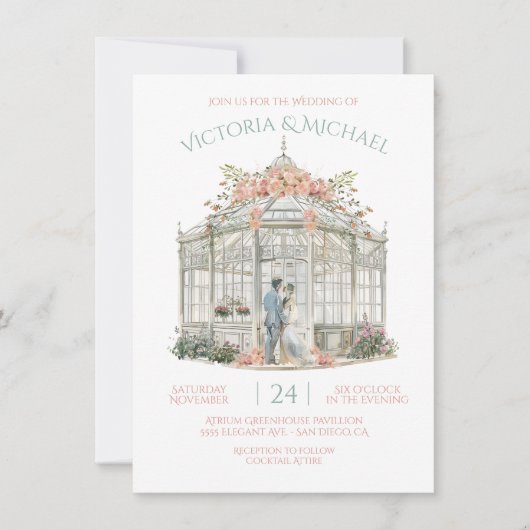 温室の新郎新婦の結婚会場水彩色 招待状 (正面)