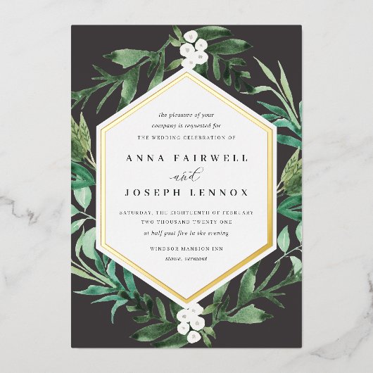 温室フレーム |水彩植物学結婚院 箔招待状 (正面)
