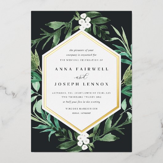 温室フレーム |水彩植物学結婚院 箔招待状 (正面)