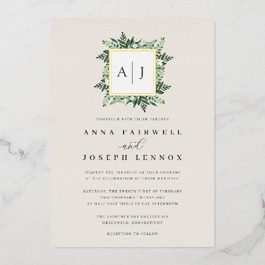 温室モノグラム |グリーンボタニカル結婚ズ 箔招待状 (正面)