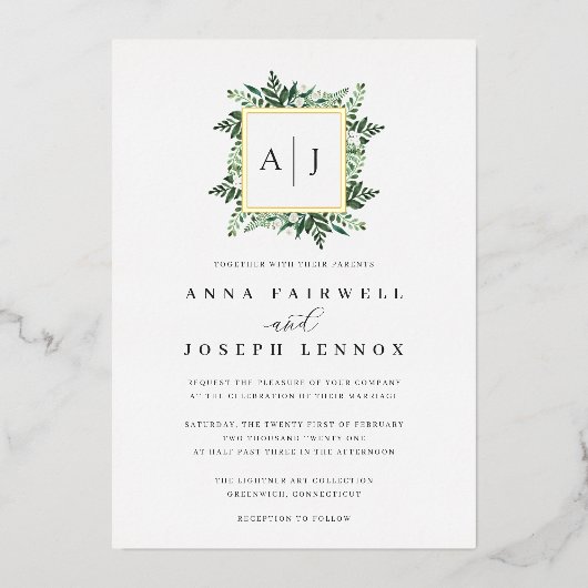 温室モノグラム |グリーンボタニカル結婚ズ 箔招待状 (正面)