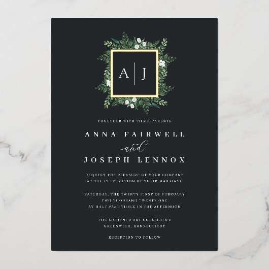 温室モノグラム |グリーンボタニカル結婚ズ 箔招待状 (正面)