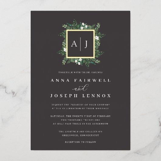 温室モノグラム |グリーンボタニカル結婚ズ 箔招待状 (正面)