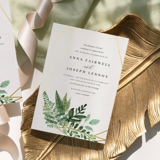 温室幾何学水彩植物学結婚院 箔招待状