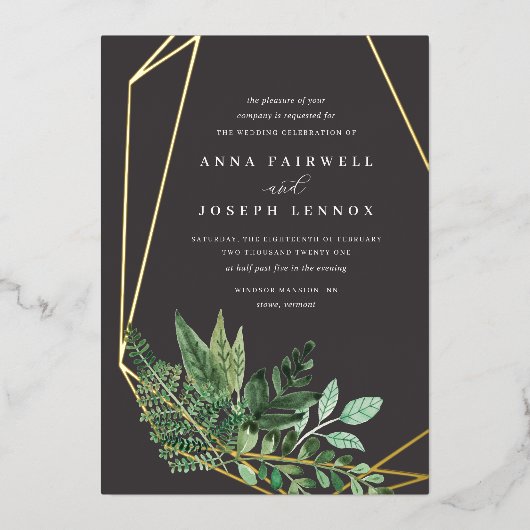 温室幾何学水彩植物学結婚院 箔招待状 (正面)