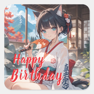 温泉に入る猫耳娘 スクエアシール