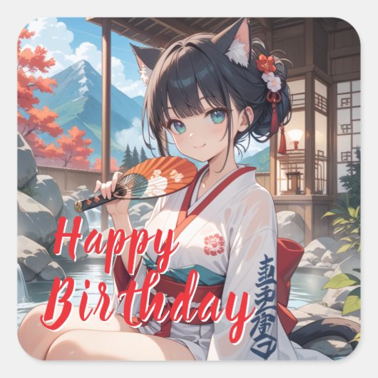 温泉に入る猫耳娘 スクエアシール (正面)