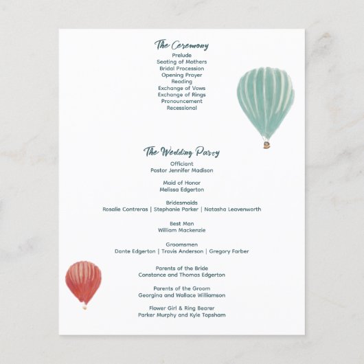 温色彩の鮮やか気球カスタムウェディングプログラム (裏面)