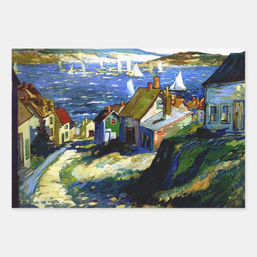 港のそばの帆船素晴らしアト絵画ル ラッピングペーパーシート (正面)