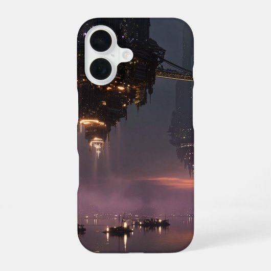港の上に浮かぶ未来都市の塔 iPhone 16ケース (裏面)