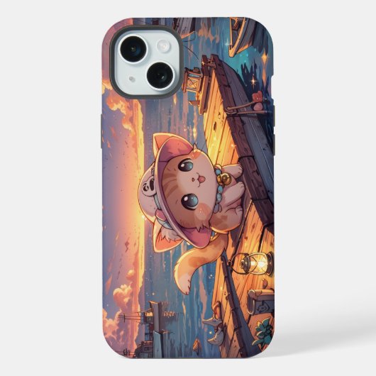 港の夕焼けに佇むかわいいちび猫 - ファンタジック iPhoneケース (裏面)