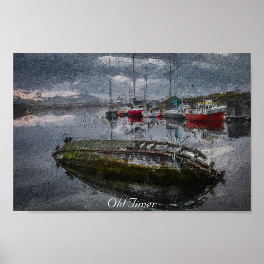 港の沈下、油絵の古いボート ポスター (正面)