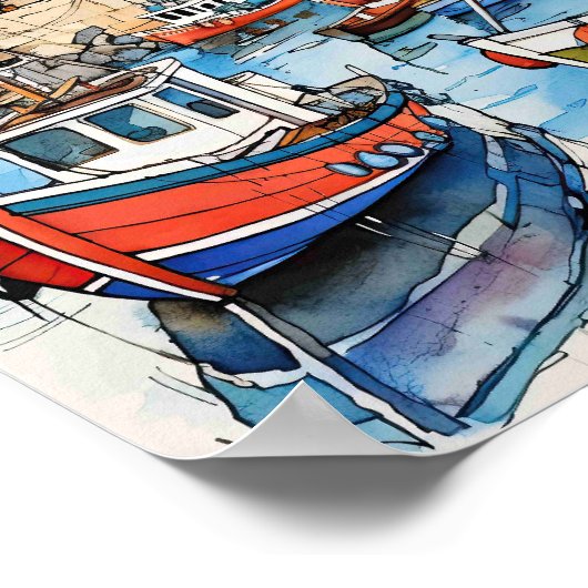 港の海辺の船 ポスター (角)