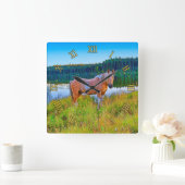 湖および森林場面によるPalominoのまだら馬 スクエア壁時計 (ホーム)