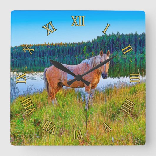 湖および森林場面によるPalominoのまだら馬 スクエア壁時計 (正面)