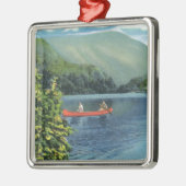 湖でカヌーをこぐカップル メタルオーナメント (左)