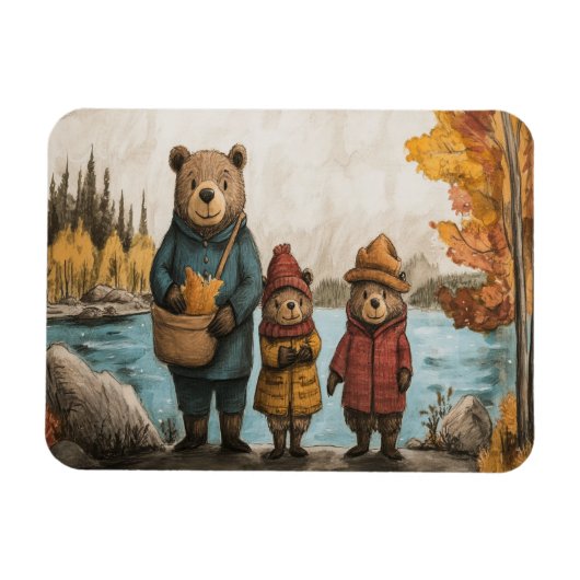 湖でクマの家族と秋の日 マグネット (横)