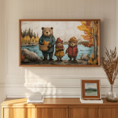 湖でクマの家族と過ごす秋の日 ポスター