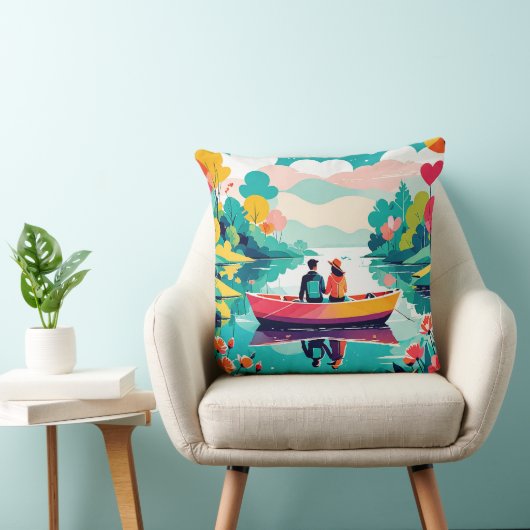 湖でボートに乗ったカップル – 装飾用クッション クッション (椅子)