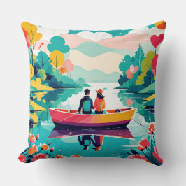 湖でボートに乗ったカップル – 装飾用クッション クッション