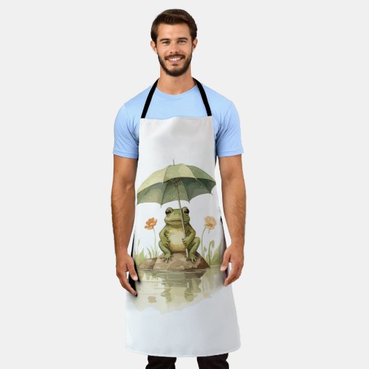 湖で傘をさすかわいいカエル エプロン (着用した状態)