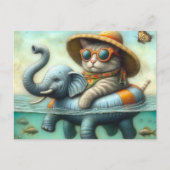 湖で膨らむ象に愛らしい猫 ポストカード (正面)