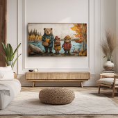 湖で過ごすクマの家族と秋の日 ポスター