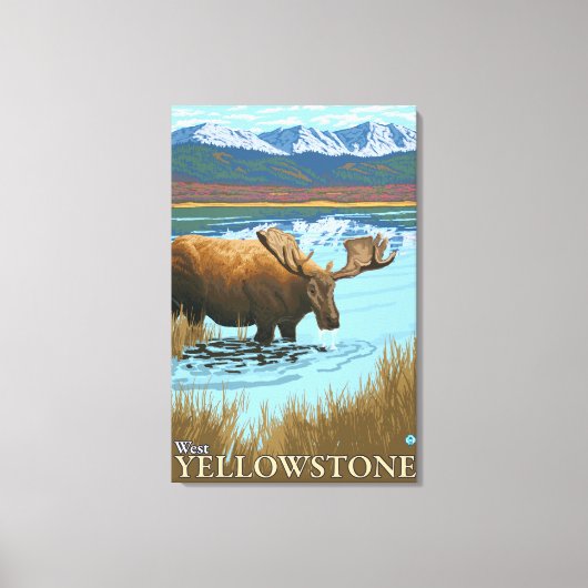 湖で飲むムース – 西イエローストーンMT キャンバスプリント (正面)