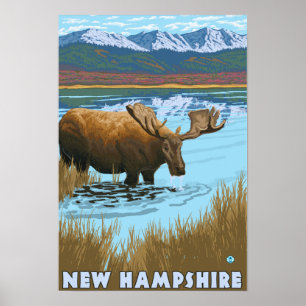湖で飲む新しいHampshireMoose ポスター