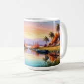 湖とコテージのある自然の夕日風景画 コーヒーマグカップ (正面右)